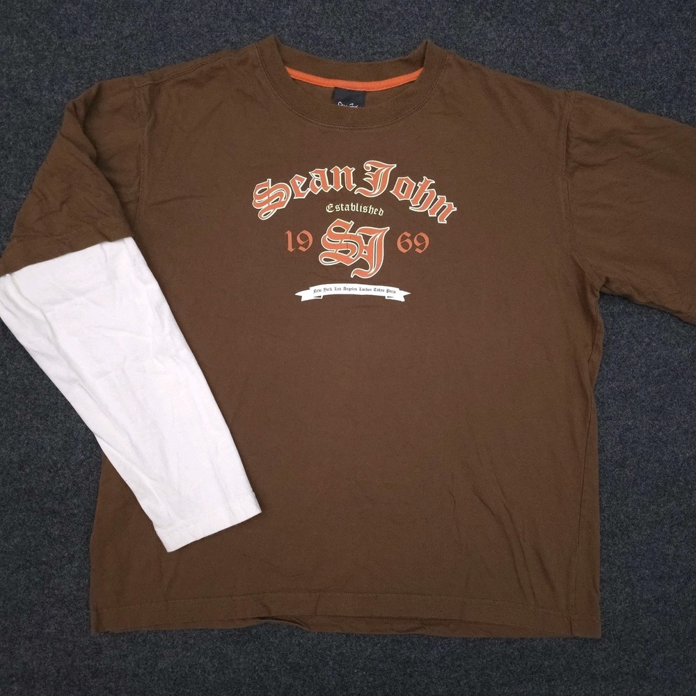 Sean John‎ XL(20) Y2K Streetwear Layered Tee Long Sleeve Brown